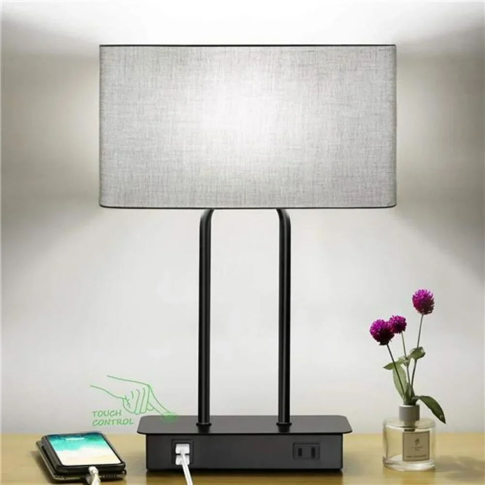 Touch Control Bedside Lamp with USB Ports Outlet 3 Way Dimmable Nightstand Light